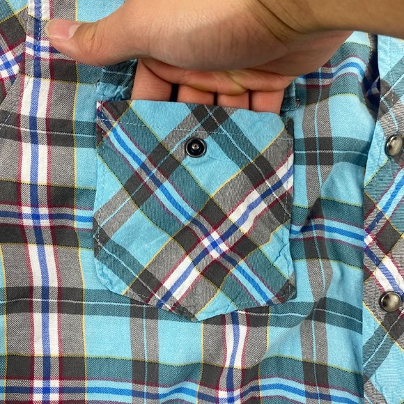 Age of Wisdom Shirt Men Medium M Blue Gray Plaid Multicolor Pear Snap Button Up - Picture 3 of 7